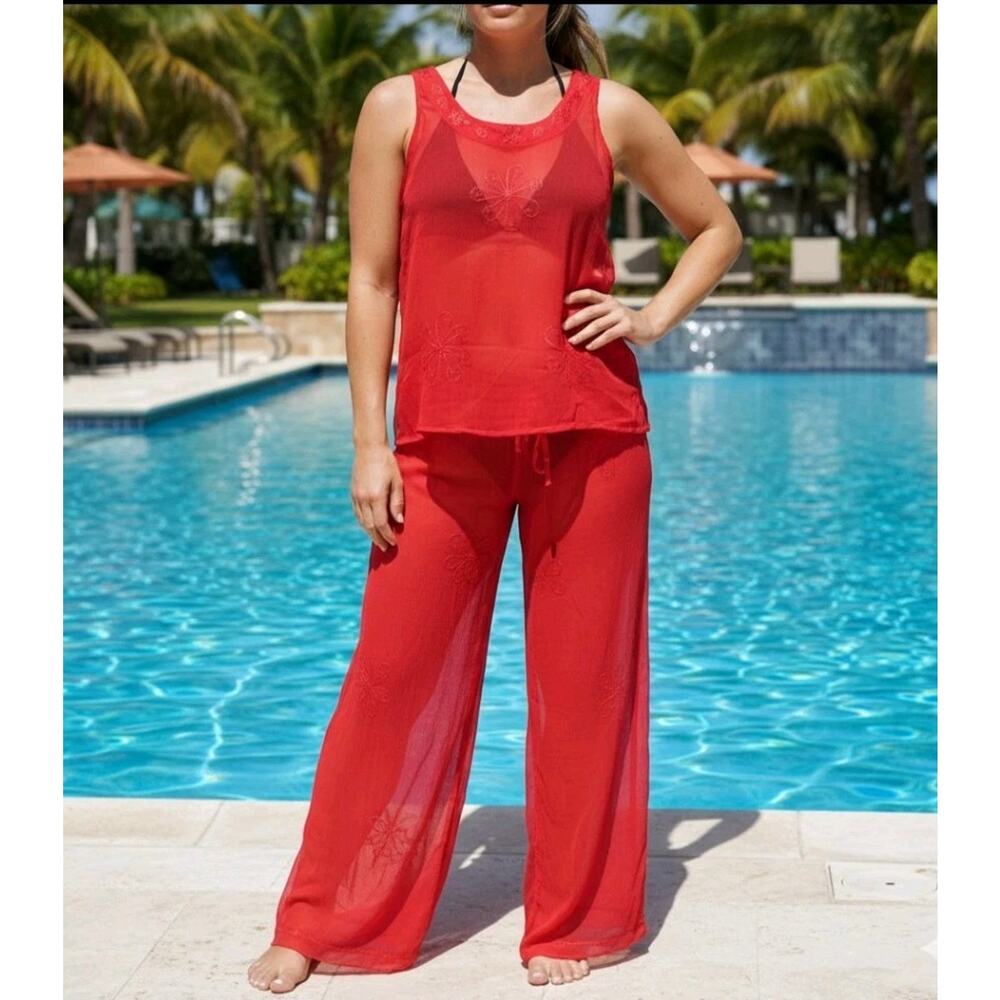 Vintage Women's L Sheer Red Tunic And Pants Swimsuit Cover Up